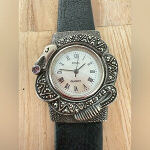 Rare Boma ladies 925 Sterling silver serpent black leather watch NEW BATTERY